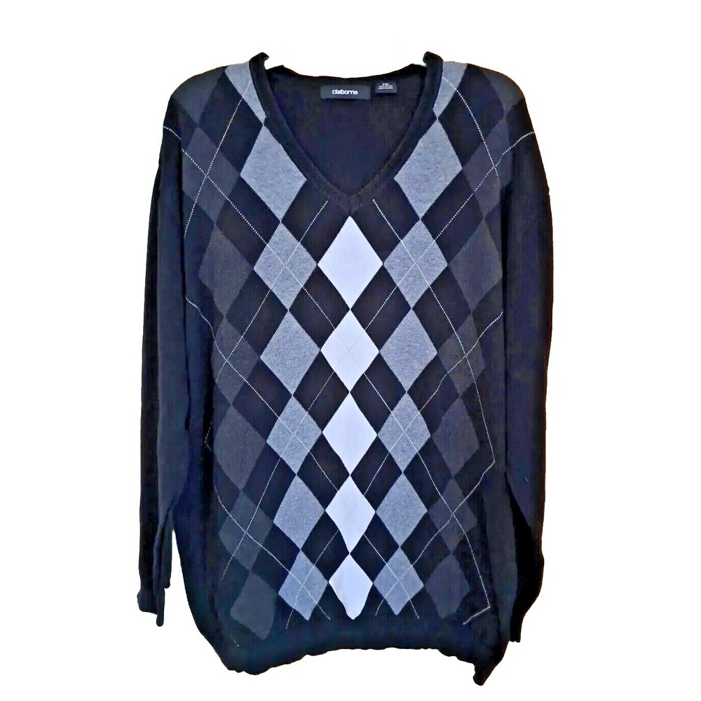 Claiborne Men's Sz XXL Sweater‎ Black White Gray Argyle Vneck Long Sleeve Cotton